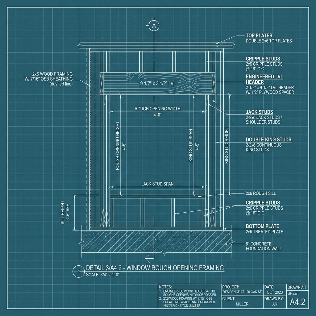 Engineered Micro-Lam LVL Header & Double King Studs Blueprint Schematic | Six Senses Builders
