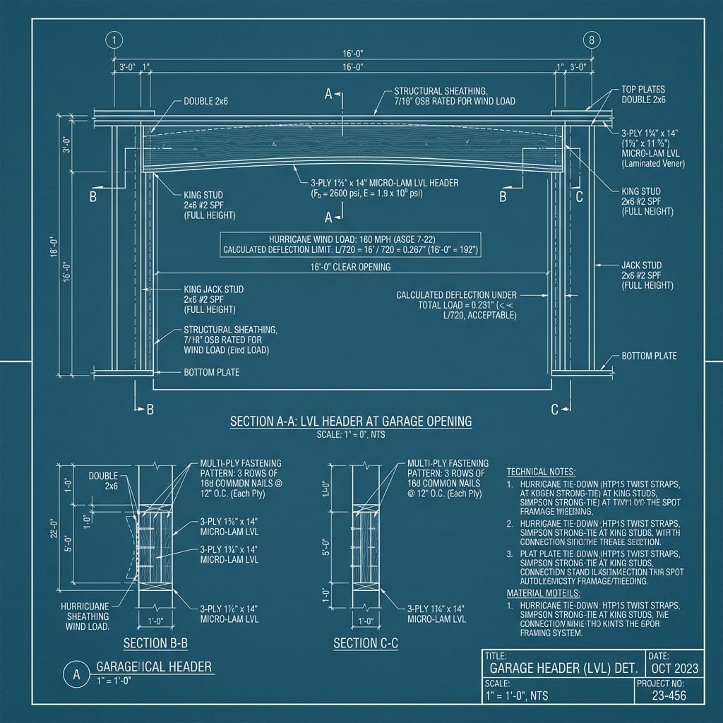 Multi-Ply Micro-Lam LVL Garage Door Opening Header Blueprint Schematic | Six Senses Builders