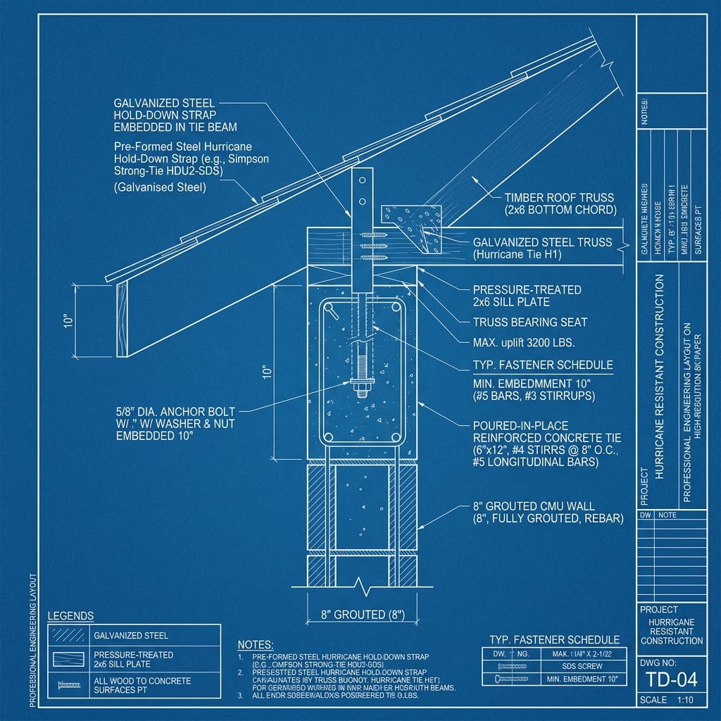 Tie Beam Hurricane Hold-Down Strap Embedment Blueprint Schematic | Six Senses Builders