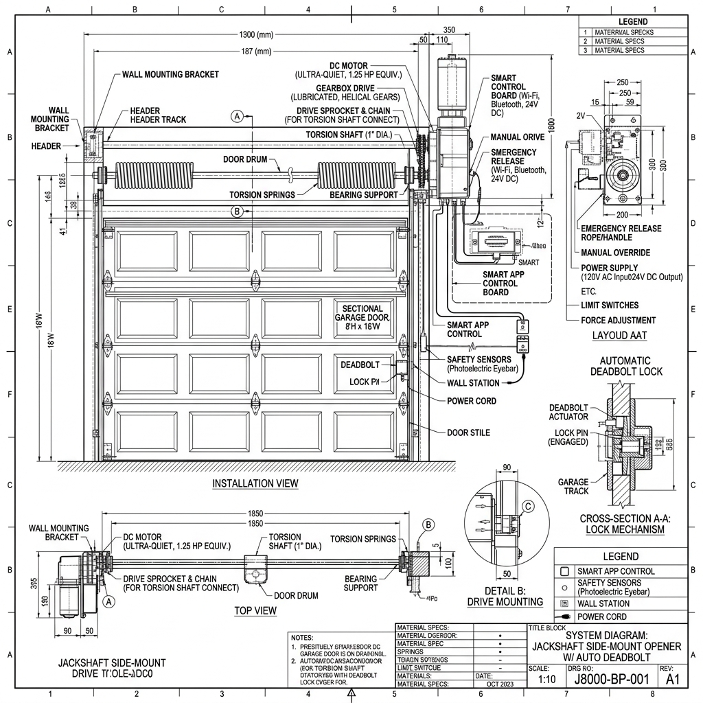 Smart DC Wall-Mount Jackshaft Opener & Deadbolt Lock Blueprint Schematic | Six Senses Builders