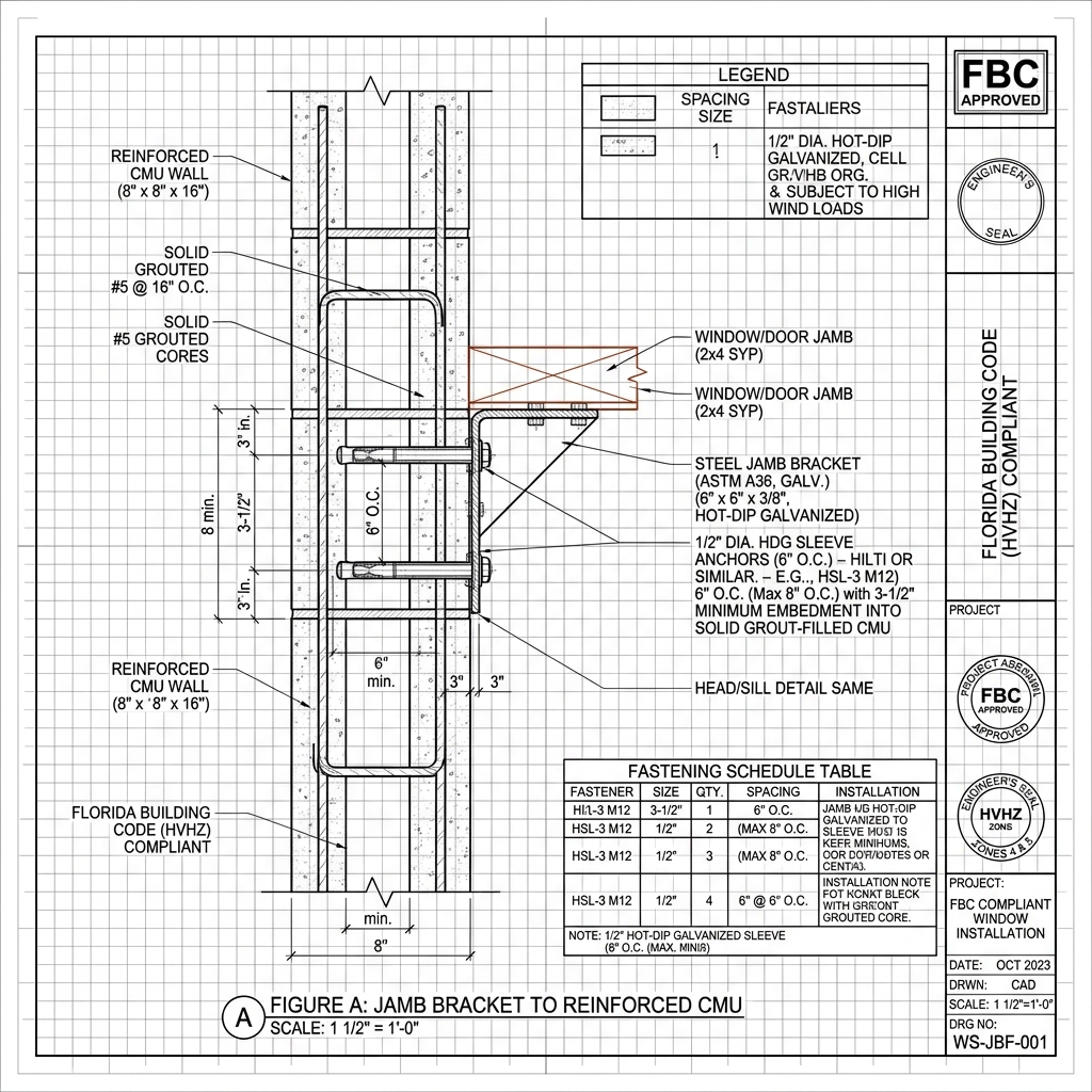 FBC Wind-Load Jamb Fastener Schedule into Concrete Block Blueprint Schematic | Six Senses Builders