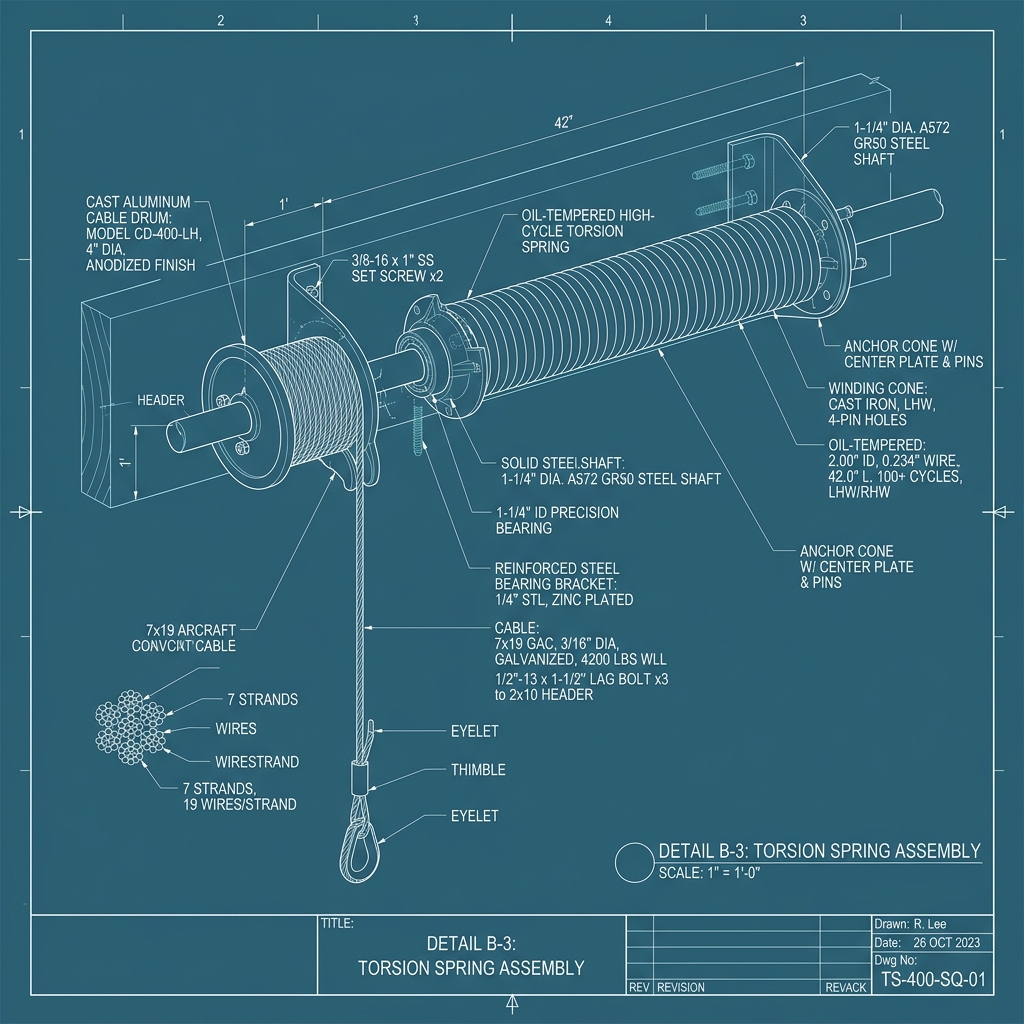 Oil-Tempered High-Cycle Torsion Spring & Steel Shaft Blueprint Schematic | Six Senses Builders