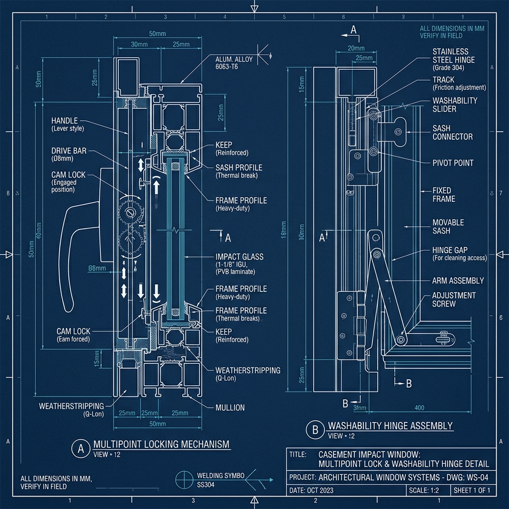 Architectural Casement Multipoint Cam-Lock Gear Blueprint Schematic | Six Senses Builders