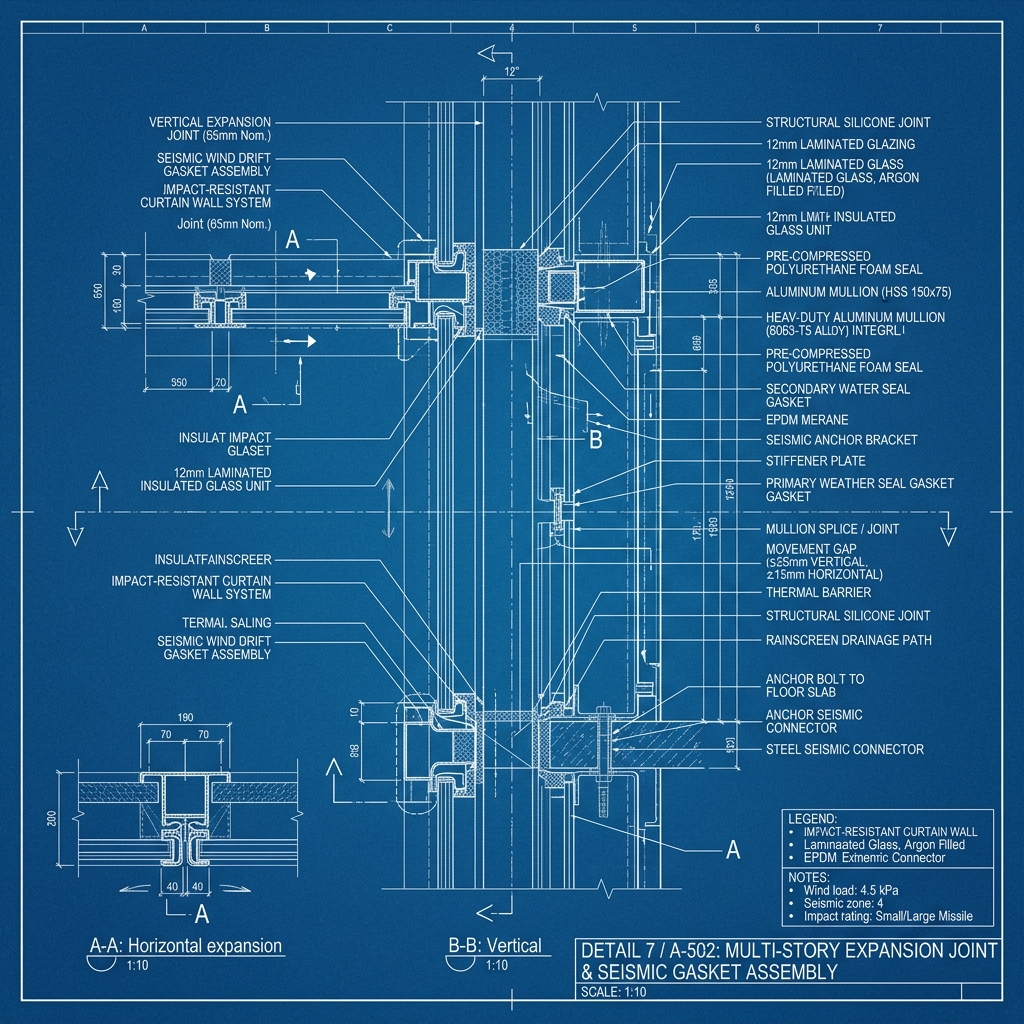 Multi-Story Curtain Wall Seismic & Wind Drift Gasket Blueprint Schematic | Six Senses Builders