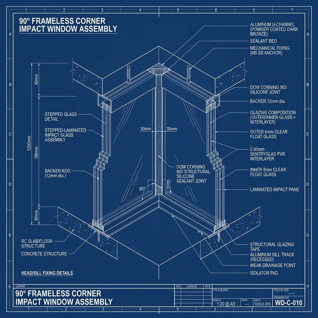 90-Degree Frameless Stepped-Laminated Corner Glass Blueprint Schematic | Six Senses Builders