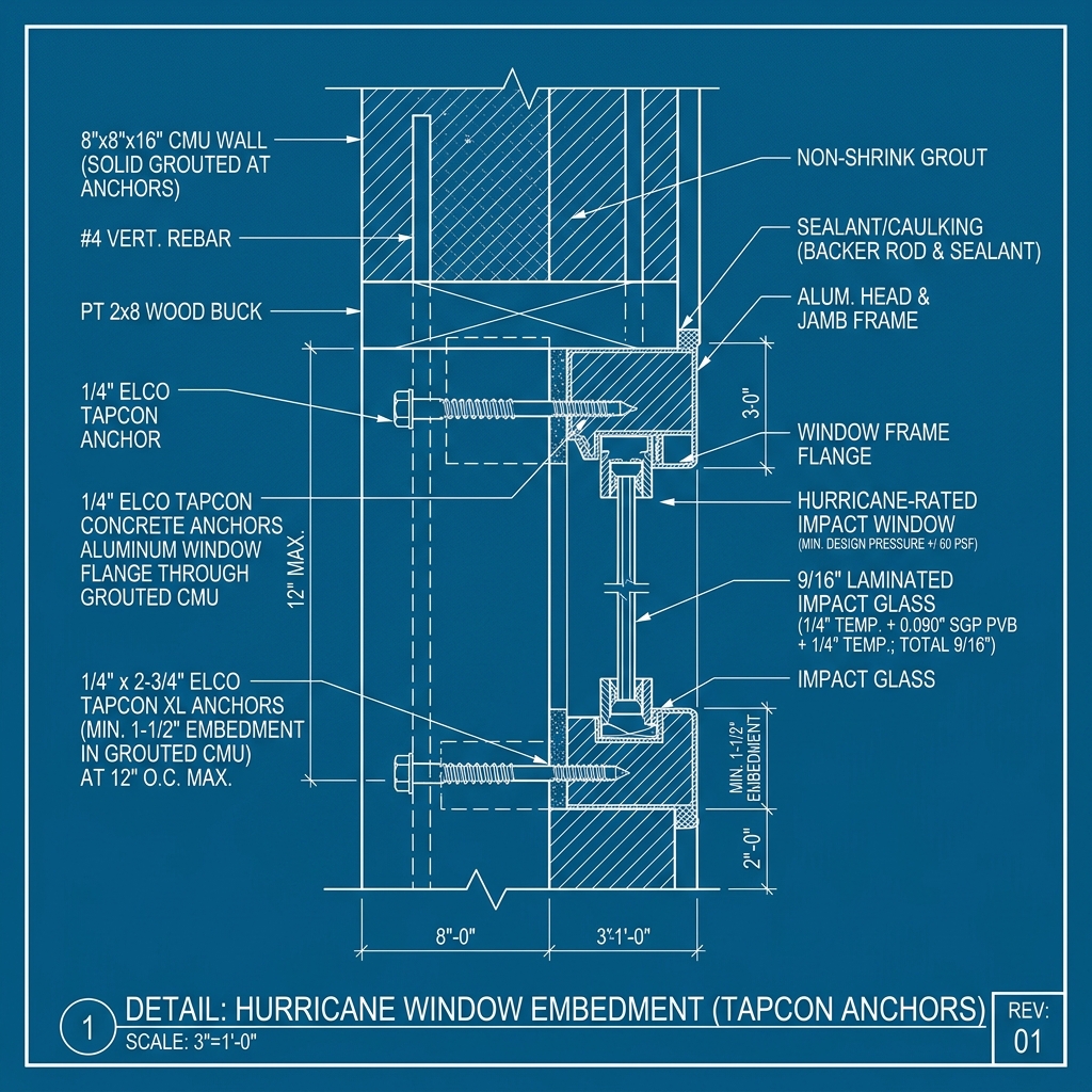 CBS Concrete Masonry Bucking & Tapcon Anchor Embedment Blueprint Schematic | Six Senses Builders