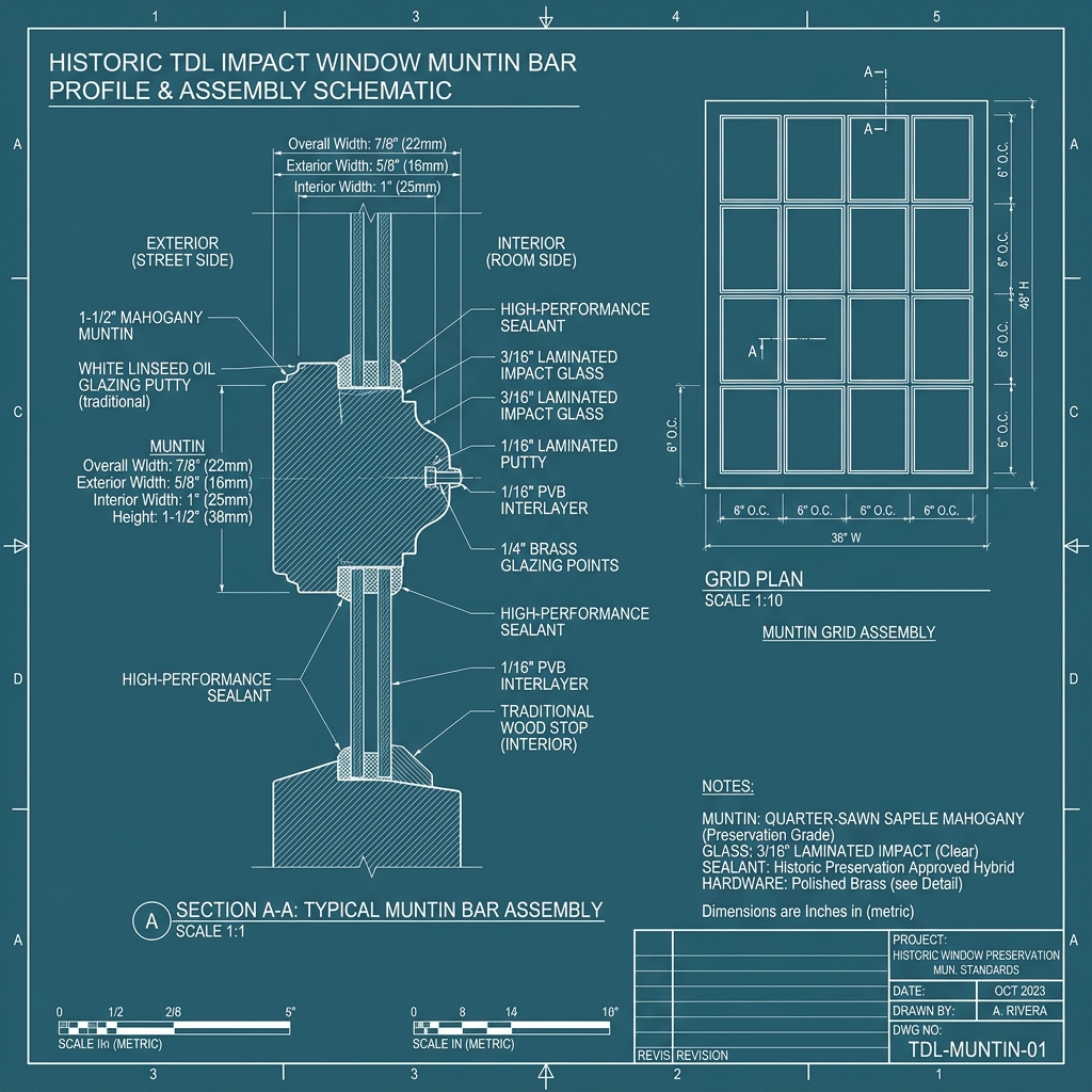 Historic True Divided Light (TDL) Muntin Grid Profile Blueprint Schematic | Six Senses Builders