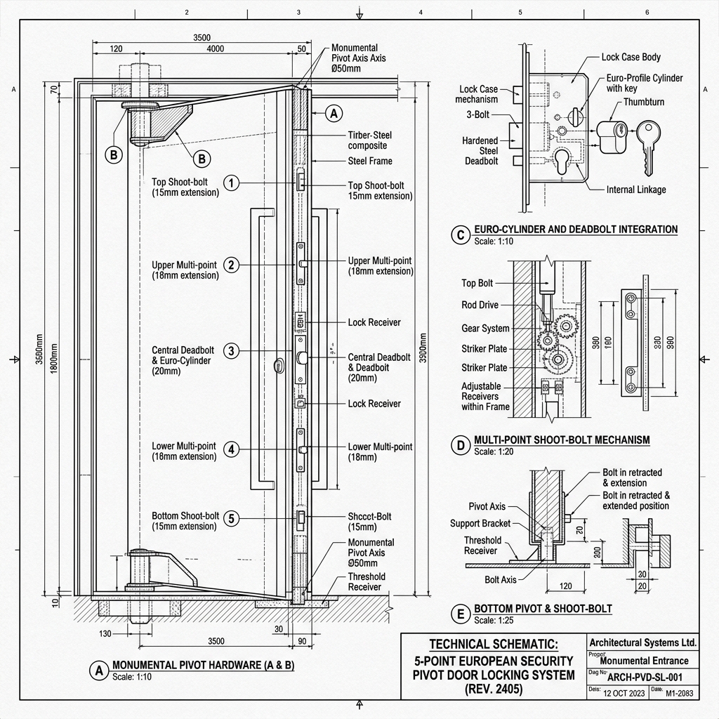Coconut Grove, Florida: 12ft Monumental Architectural Pivot Doors: FritsJurgens Hydraulics & Steel Skeleton Architectural Blueprint Engineering Schematic | Six Senses Builders