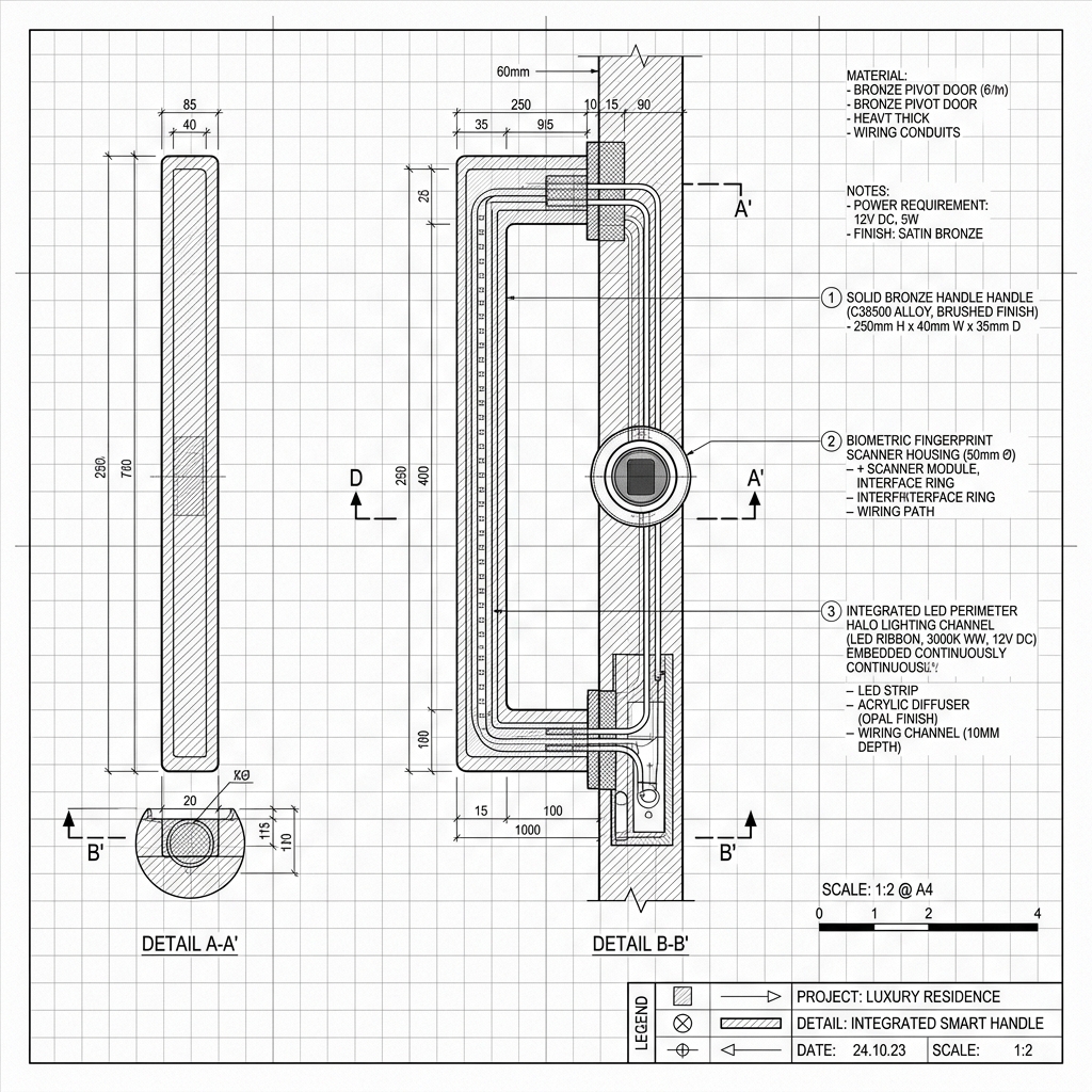 Integrated LED Perimeter Halo & Biometric Pull Handle Blueprint Schematic | Six Senses Builders