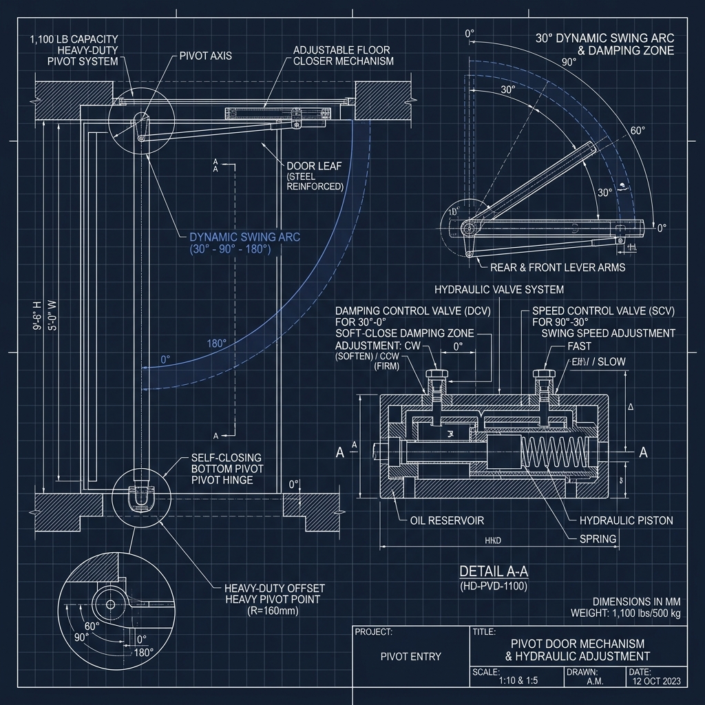 Miami, Florida: 12ft Monumental Architectural Pivot Doors: FritsJurgens Hydraulics & Steel Skeleton Architectural Blueprint Engineering Schematic | Six Senses Builders