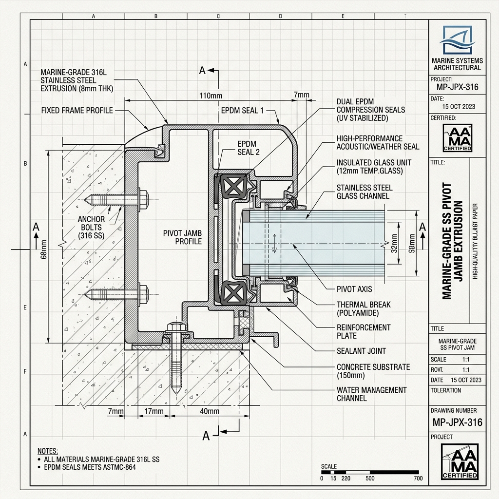 Marine-Grade 316 Stainless Steel Jamb Extrusion Blueprint Schematic | Six Senses Builders