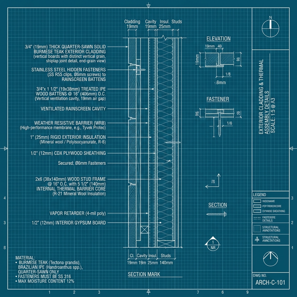 Quarter-Sawn Burmese Teak & Brazilian Ipe Cladding Blueprint Schematic | Six Senses Builders