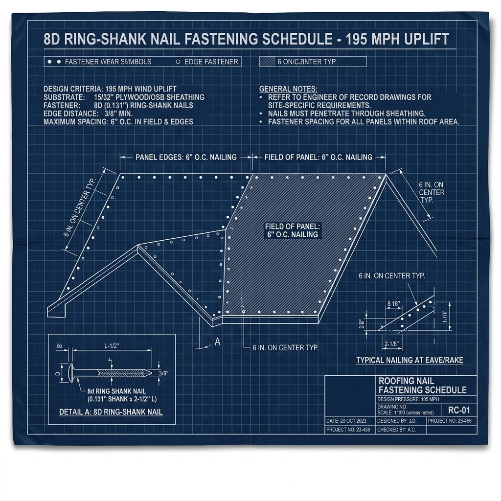 Pompano Beach, Florida: Standing-Seam Metal Roofing: 185 MPH Wind Uplift & Concealed-Clip Engineering Architectural Blueprint Engineering Schematic | Six Senses Builders