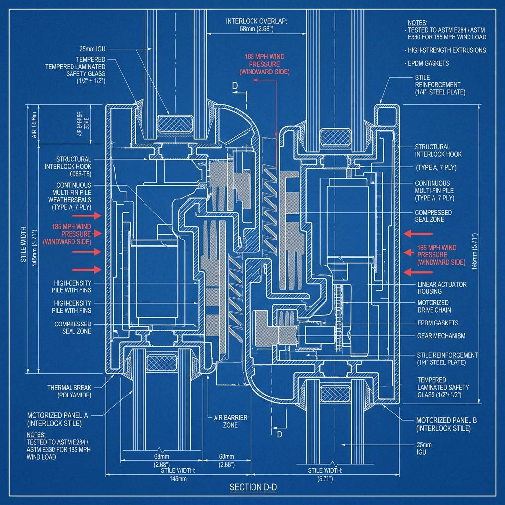 Continuous Multi-Fin Pile Weatherseals on Interlock Stiles Blueprint Schematic | Six Senses Builders