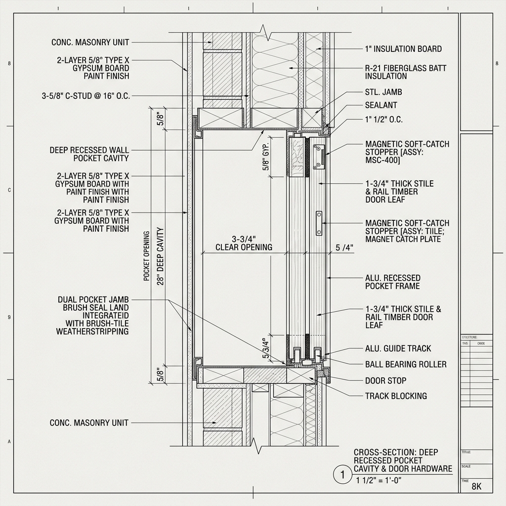 Deep Recessed Wall Pocket Enclosure with Brush Seals Blueprint Schematic | Six Senses Builders