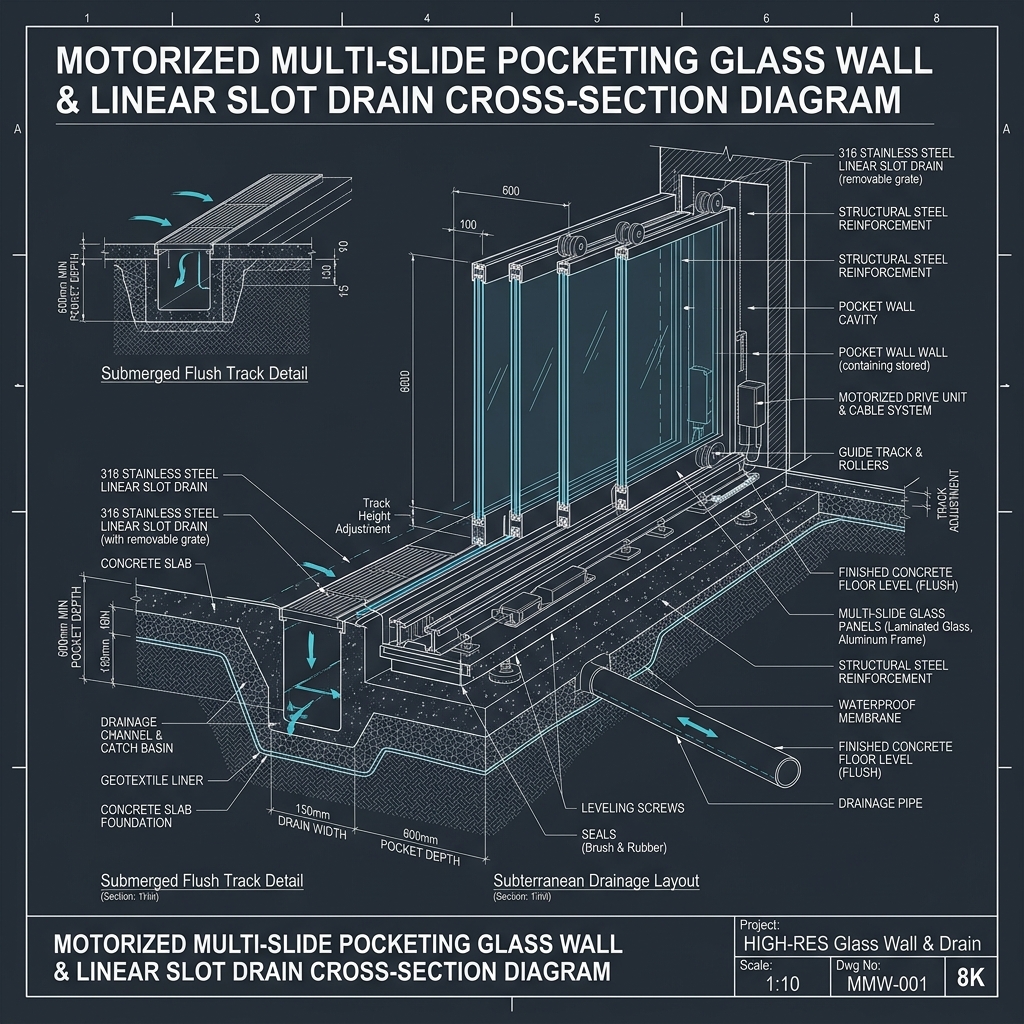 Submerged Flush Concrete Track with Linear Slot Drain Blueprint Schematic | Six Senses Builders