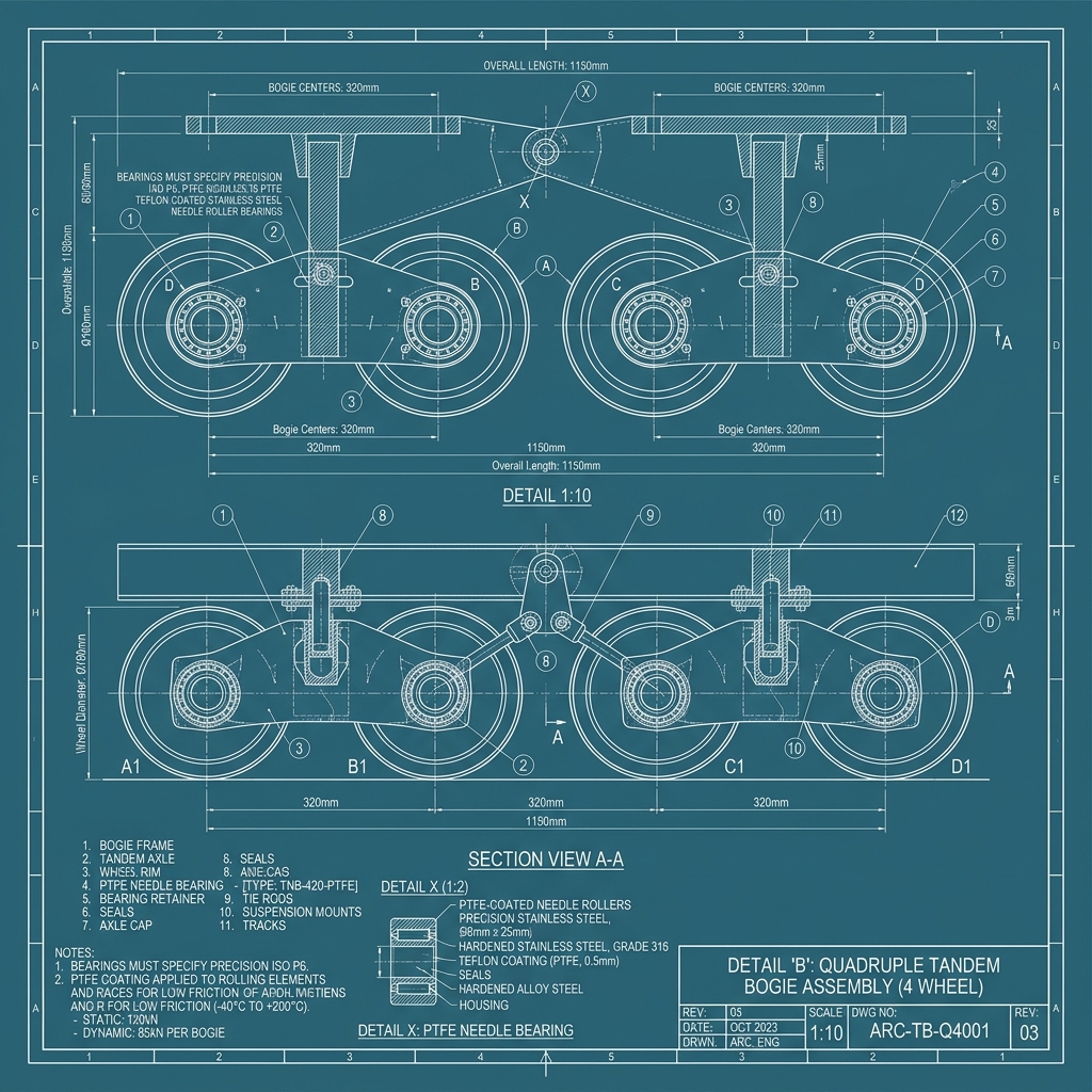 Quadruple Tandem Bogie Rollers with Teflon Needle Bearings Blueprint Schematic | Six Senses Builders