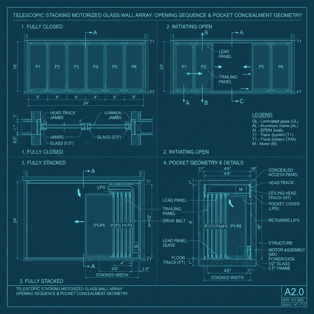 6-Panel Telescopic Stacking Motorized Glass Wall Array Blueprint Schematic | Six Senses Builders