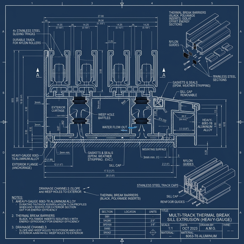 Multi-Track Thermal Sill Extrusion with Weep Baffles Blueprint Schematic | Six Senses Builders