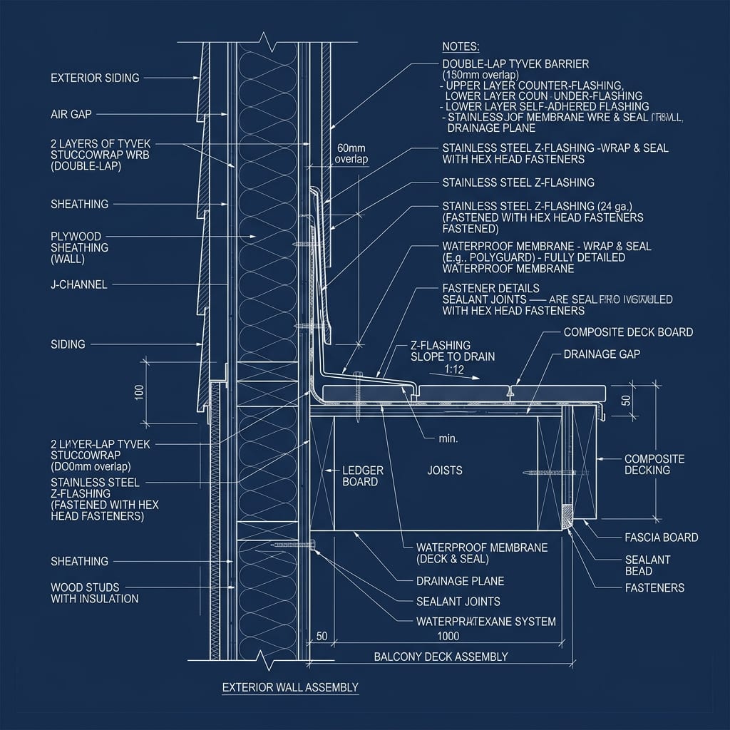 Balcony Deck-to-Wall Membrane Transition with Stainless Z-Flashing Blueprint Schematic | Six Senses Builders