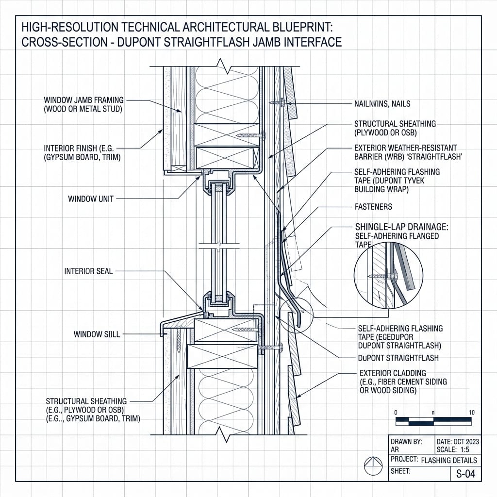 DuPont StraightFlash Flanged Jamb Tape with Shingle-Lap Blueprint Schematic | Six Senses Builders